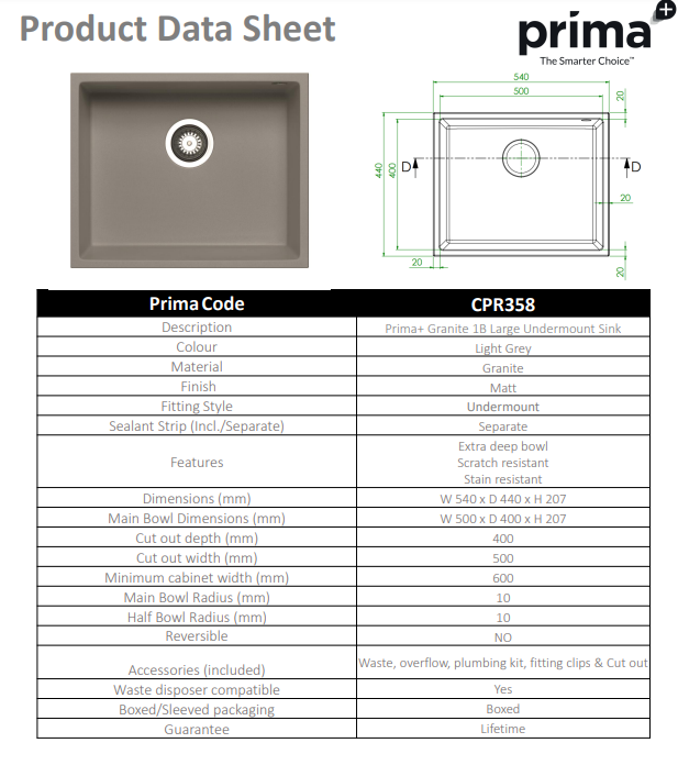 Prima+ Granite 1B Undermount Sink - Light Grey- CPR358