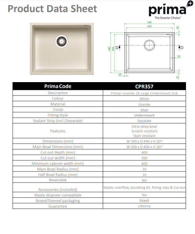 Prima+ Granite 1B Undermount Sink - White- CPR357