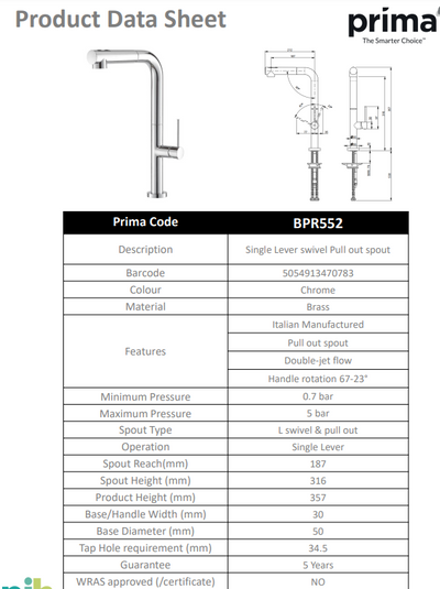 Prima+ Mosa Single Lever L-Shaped Tall Mixer Tap - Chrome BPR552