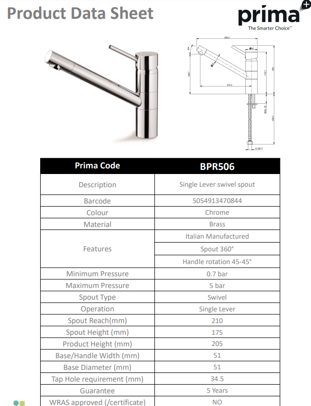 Prima+ Murray Single Lever Mixer Tap w/Pull Out - Chrome BPR555