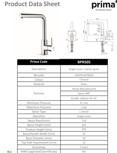 Prima+ Riace Single Lever L-Shaped Mixer Tap - Chrome BPR505