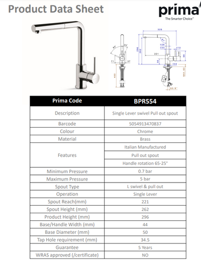 Prima+ Riace Single Lever L-Shaped Mixer Tap w/Pull Out - Chrome BPR554