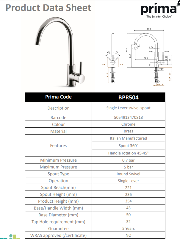 Prima+ Riace Single Lever Round Mixer Tap - Chrome BPR504