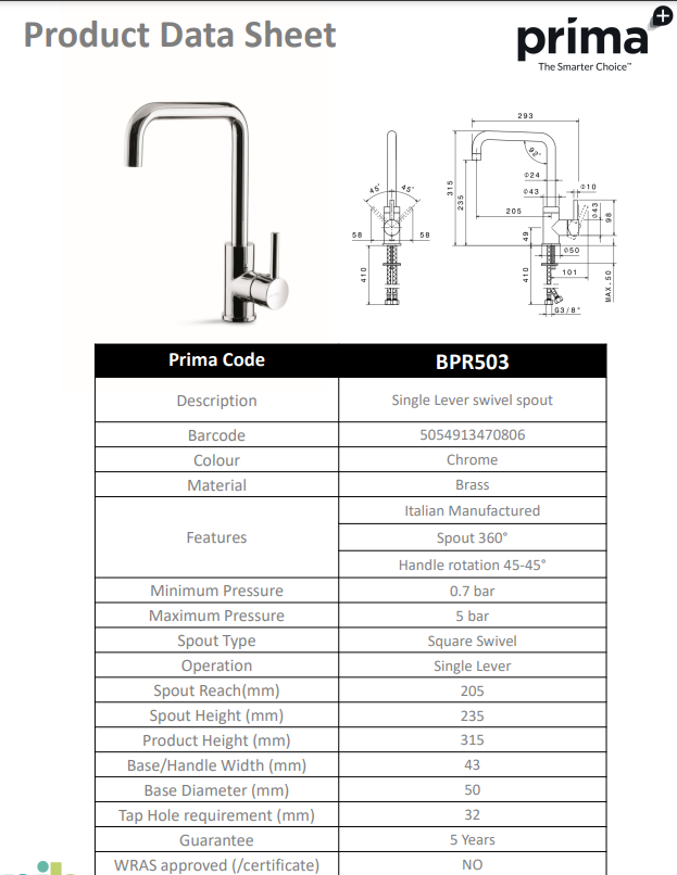 Prima+ Riace Single Lever U-Shaped Mixer Tap - Chrome BPR503