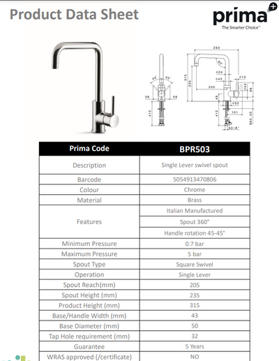 Prima+ Riace Single Lever U-Shaped Mixer Tap - Chrome BPR503