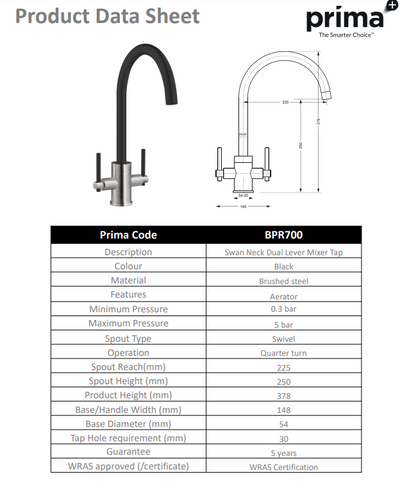 Prima+ Swan Neck Dual Lever Mixer Tap - Black BPR700