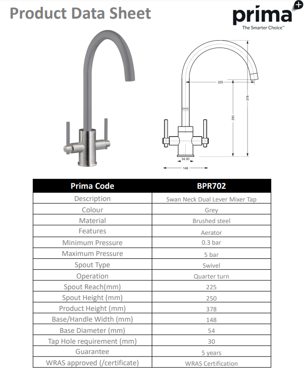 Prima+ Swan Neck Dual Lever Mixer Tap - Grey BPR702