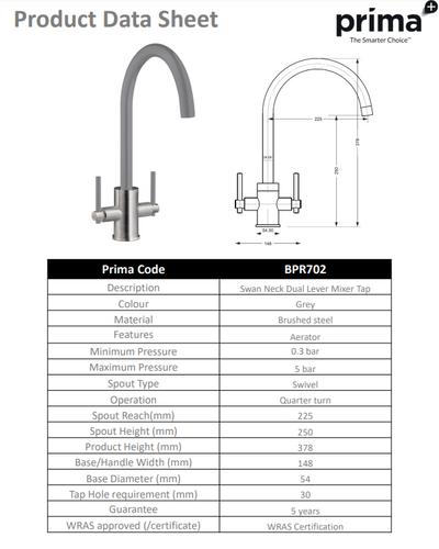 Prima+ Swan Neck Dual Lever Mixer Tap - Grey BPR702