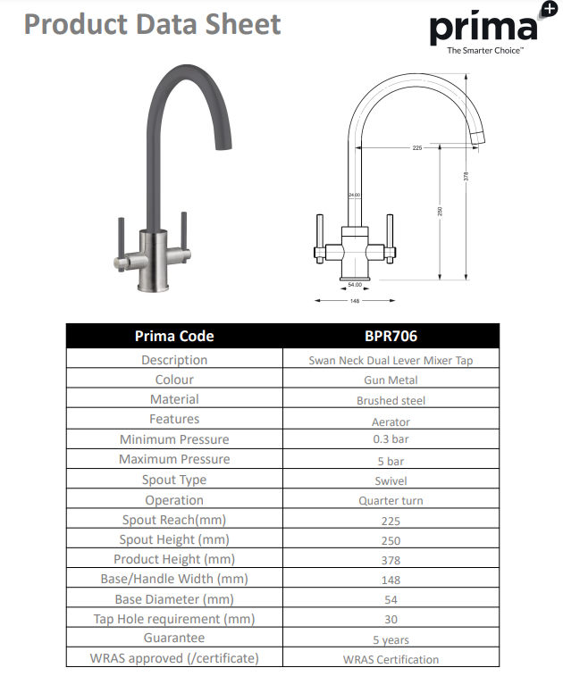 Prima+ Swan Neck Dual Lever Mixer Tap - Gunmetal BPR706