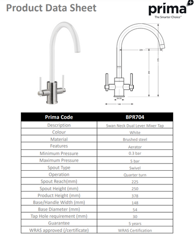 Prima+ Swan Neck Dual Lever Mixer Tap - White BPR704