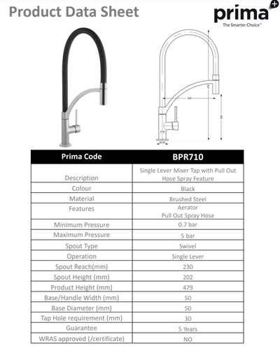 Prima+ Swan Neck Single Lever Mixer Tap w/Pull Out - Black BPR710