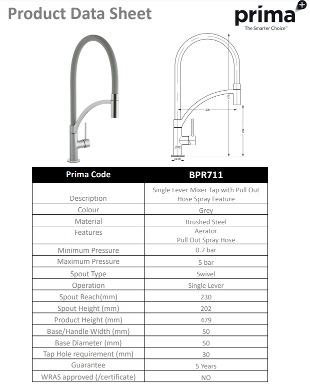 Prima+ Swan Neck Single Lever Mixer Tap w/Pull Out - Grey BPR711