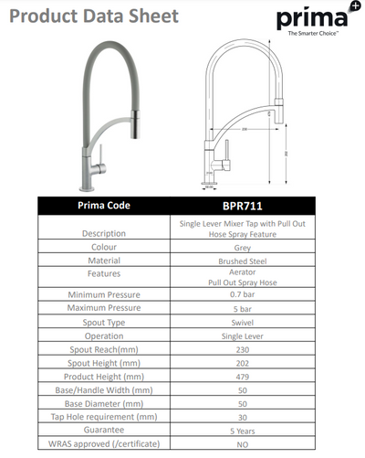 Prima+ Swan Neck Single Lever Mixer Tap w/Pull Out - Grey BPR711