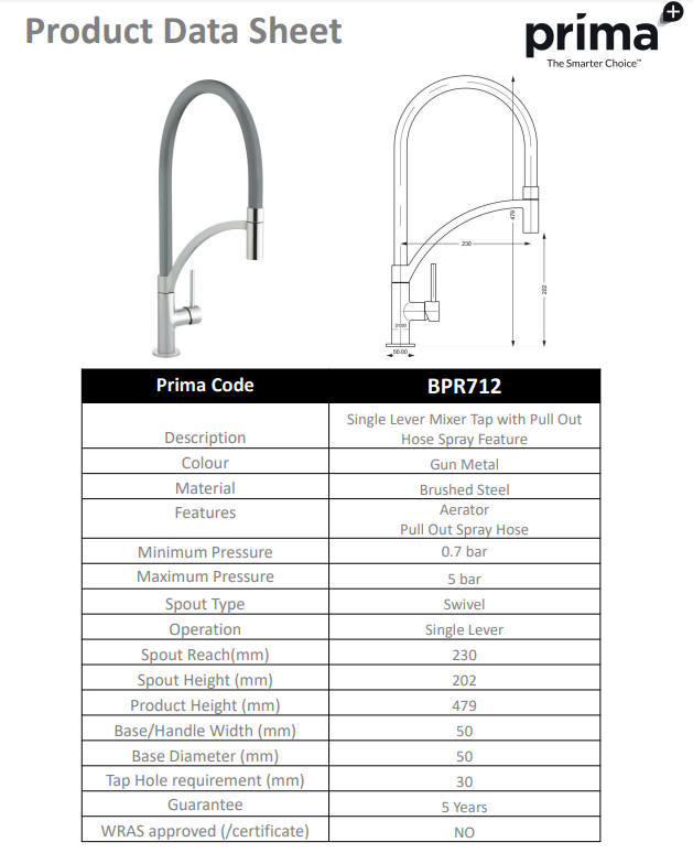 Prima+ Swan Neck Single Lever Mixer Tap w/Pull Out - Gunmetal BPR712