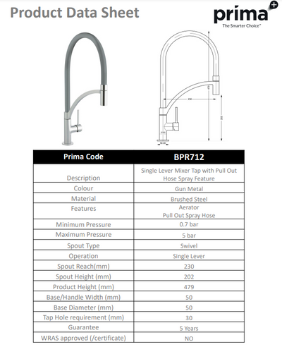 Prima+ Swan Neck Single Lever Mixer Tap w/Pull Out - Gunmetal BPR712