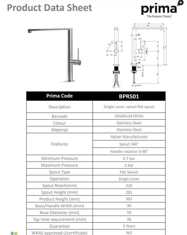 Prima+ Tiber Single Lever Flat Mixer Tap - St/Steel BPR501