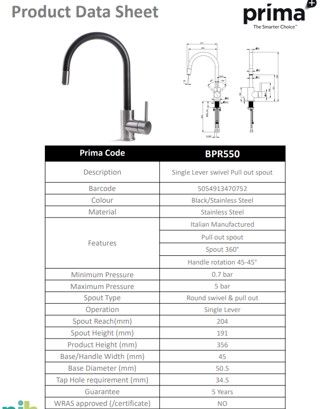 Prima+ Tiber Single Lever Mixer Tap w/Pull Out - Black & St/Steel BPR550