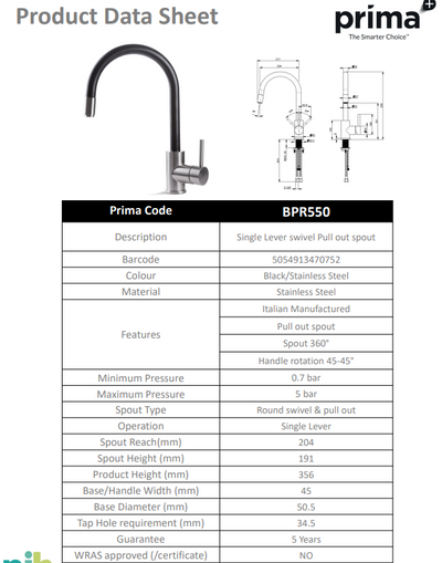 Prima+ Tiber Single Lever Mixer Tap w/Pull Out - Black & St/Steel BPR550