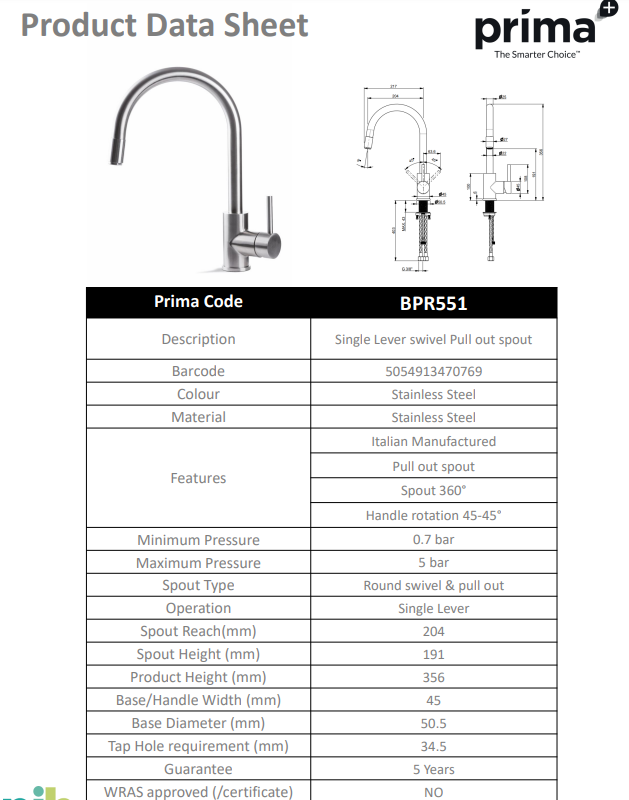 Prima+ Tiber Single Lever Mixer Tap w/Pull Out - St/Steel BPR551