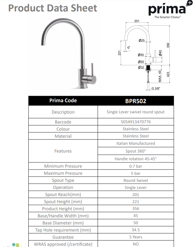 Prima+ Tiber Single Lever Round Mixer Tap - St/Steel BPR502