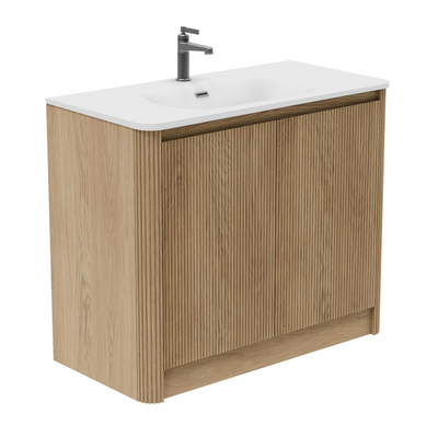 Jack 1000mm Ribbed Floorstanding Vanity Unit with Doors in Natural Oak with Gloss Ceramic Basin N24