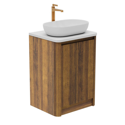 Jack 600mm Ribbed Floorstanding Vanity Unit with Doors in Walnut with White Worktop N24