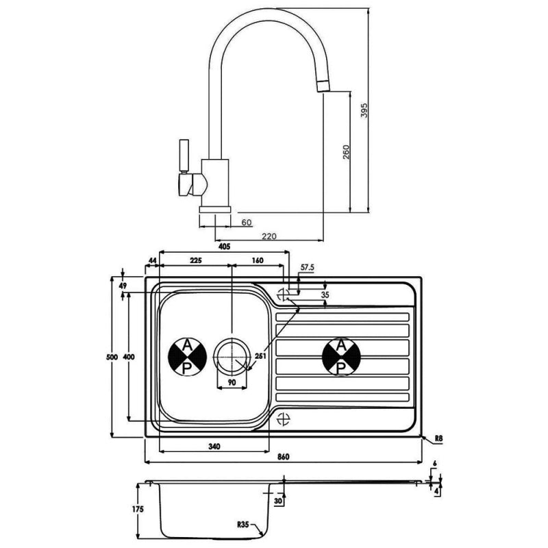 Abode Connekt 1.0 Bowl Inset Kitchen Sink with Atlas Sink Tap 860mm L x 500mm W - Stainless Steel