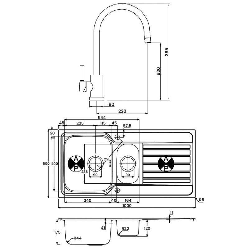 Abode Connekt 1.5 Bowl Inset Kitchen Sink with Atlas Sink Tap 1000mm L x 500mm W - Stainless Steel