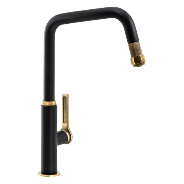 Abode Hex Single Lever Pull Out Kitchen Sink Mixer Tap - Antique Brass/Matt Black