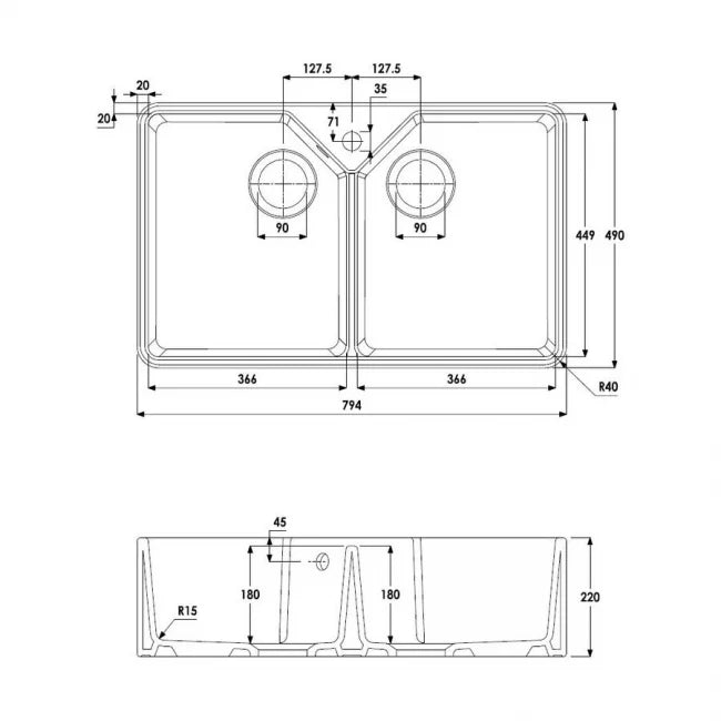 Abode Provincial Large 2.0 Bowl Ceramic Undermount Kitchen Sink 795mm L x 490mm W - White