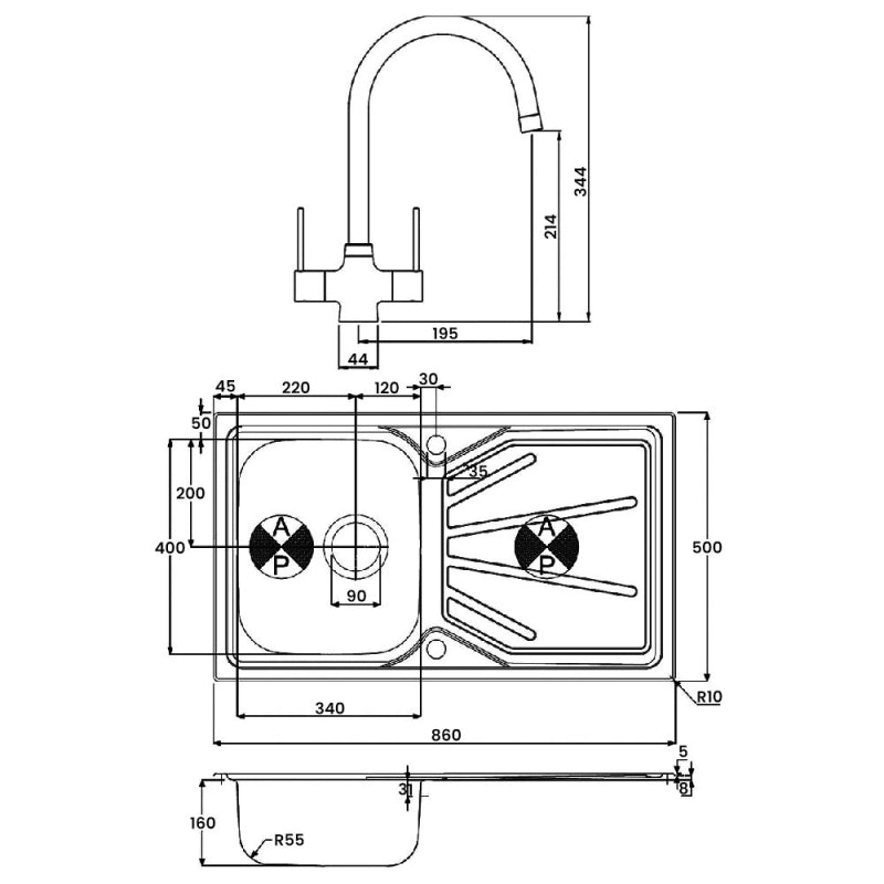 Abode Trydent 1.0 Bowl Inset Kitchen Sink with Nexa Sink Tap 860mm L x 500mm W - Stainless Steel