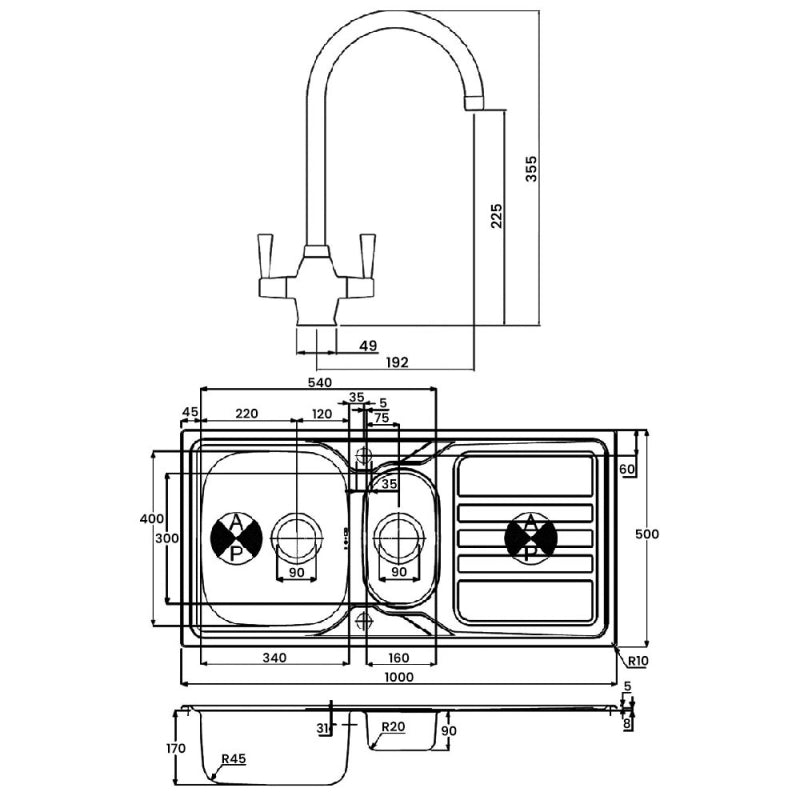 Abode Trydent 1.5 Bowl Inset Kitchen Sink with Astral Sink Tap 1000mm L x 500mm W - Stainless Steel