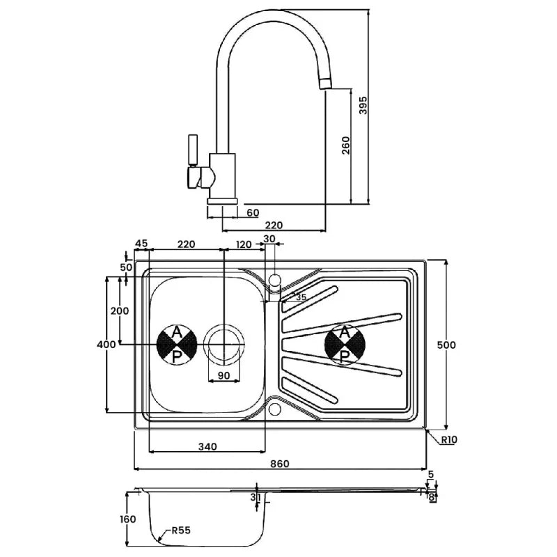 Abode Trydent 1.0 Bowl Inset Kitchen Sink with Atlas Sink Tap 860mm L x 500mm W - Stainless Steel