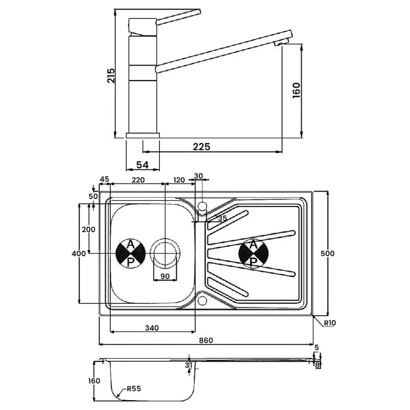 Abode Trydent 1.0 Bowl Inset Kitchen Sink with Specto Sink Tap 860mm L x 500mm W - Stainless Steel