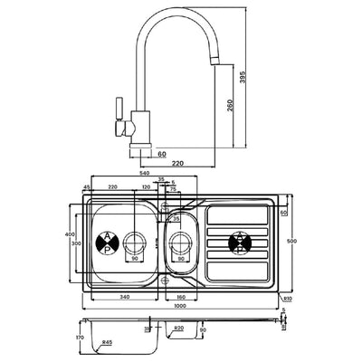 Abode Trydent 1.5 Bowl Inset Kitchen Sink with Atlas Sink Tap 1000mm L x 500mm W - Stainless Steel