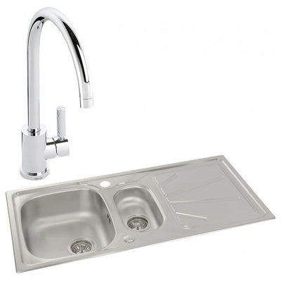 Abode Trydent 1.5 Bowl Inset Kitchen Sink with Atlas Sink Tap 1000mm L x 500mm W - Stainless Steel