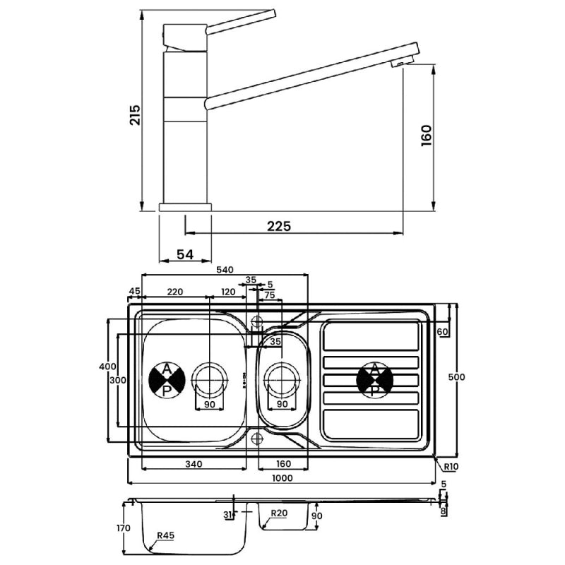 Abode Trydent 1.5 Bowl Inset Kitchen Sink with Specto Sink Tap 1000mm L x 500mm W - Stainless Steel