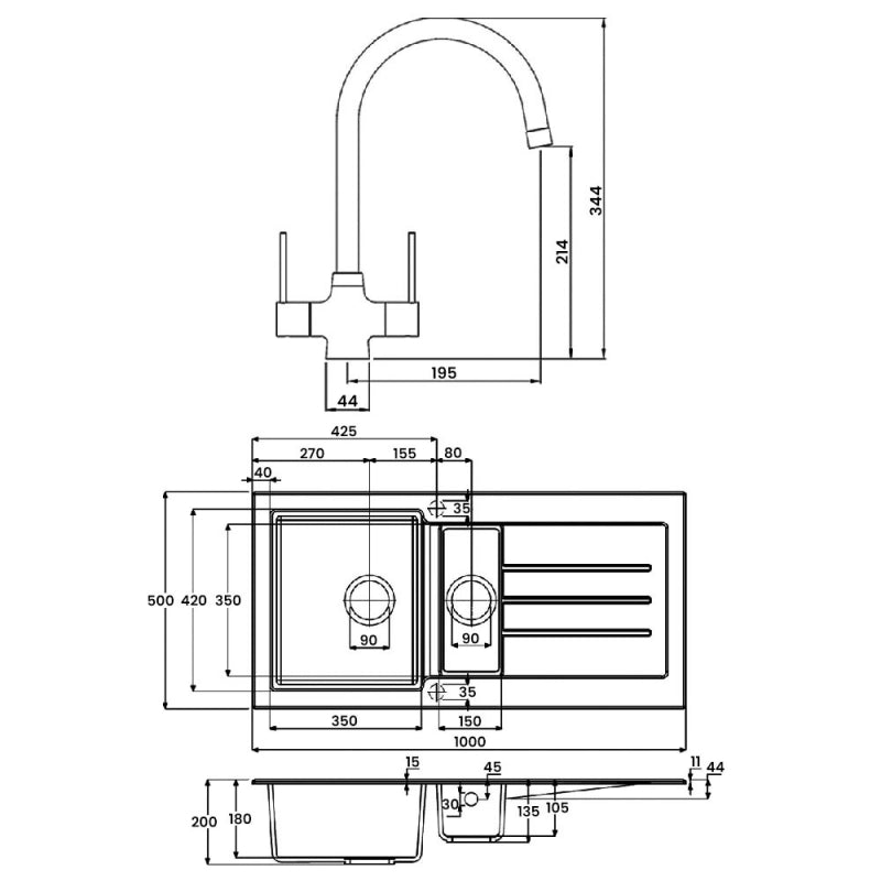 Abode Xcite 1.5 Bowl Granite Kitchen Sink with Nexa Sink Tap 1000mm L x 500mm W - Black Metallic
