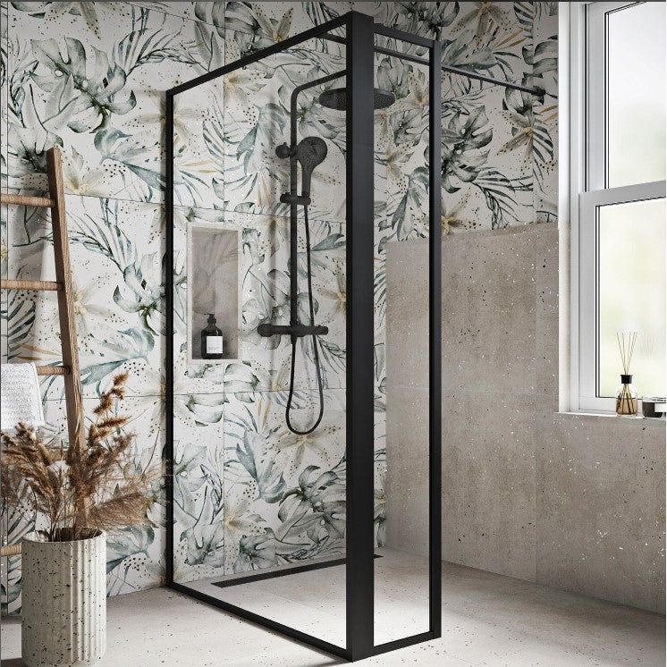 Hopper Black Clear Glass Shower Screen 980mm & 300mm Single Frame Return Panel N23