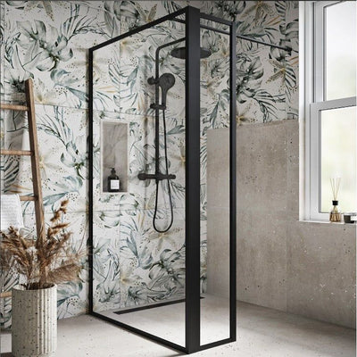 Hopper Black Clear Glass Shower Screen 1080mm & 300mm Single Frame Return Panel N23