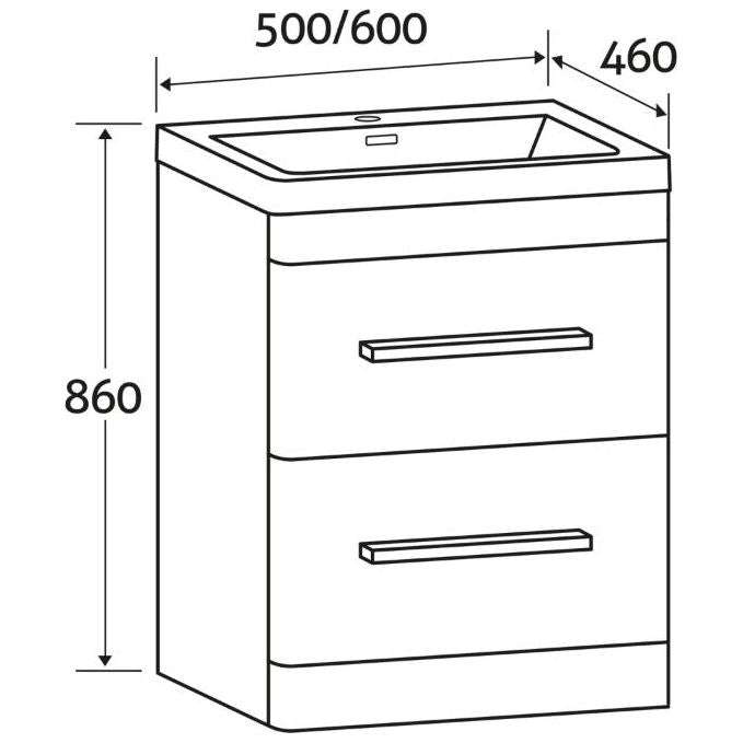 Elsa 500mm Floor Standing Vanity Unit & Basin in Textured White with Gunmetal Handles