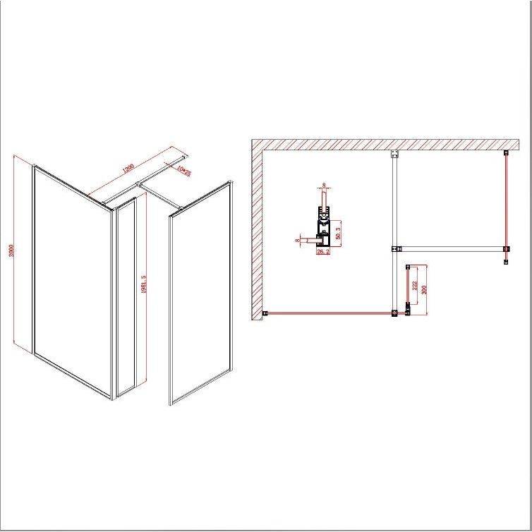 Hopper Black Fluted Glass Frame Shower Screen 980mm & 300mm Single Frame Return Panel N23