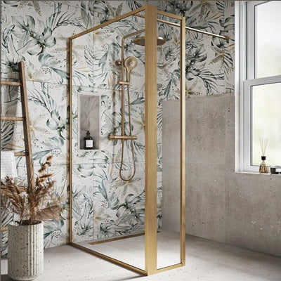 Hopper Brushed Gold Clear Glass Shower Screen 1080mm inc 300mm Single Frame Return Panel N23