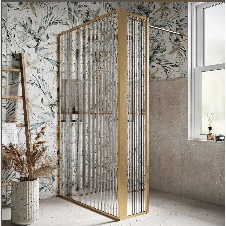 Hopper Brushed Gold Fluted Glass Frame Shower Screen 980mm inc 300mm Single Frame Return Panel N23