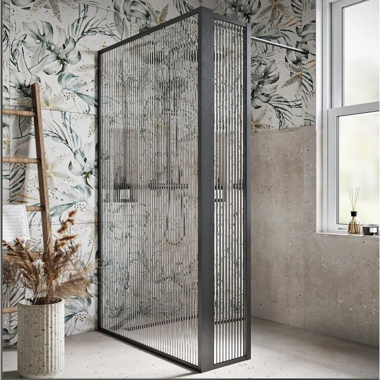 Hopper Gunmetal Fluted Glass Shower Screen 880mm inc 300mm Single Frame Return Panel N23