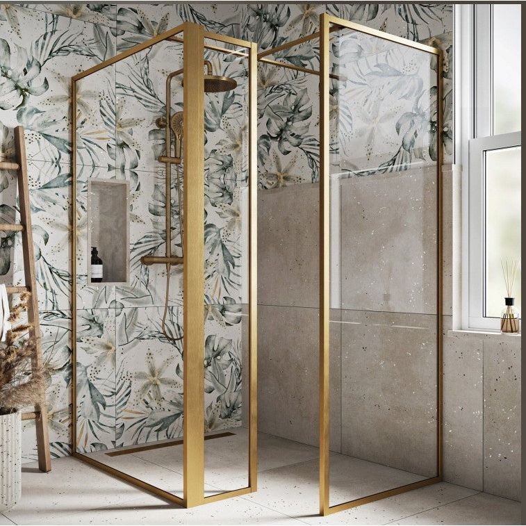 Hopper Brushed Gold Clear Glass Shower Screen 980mm inc 300mm Single Frame Return Panel N23