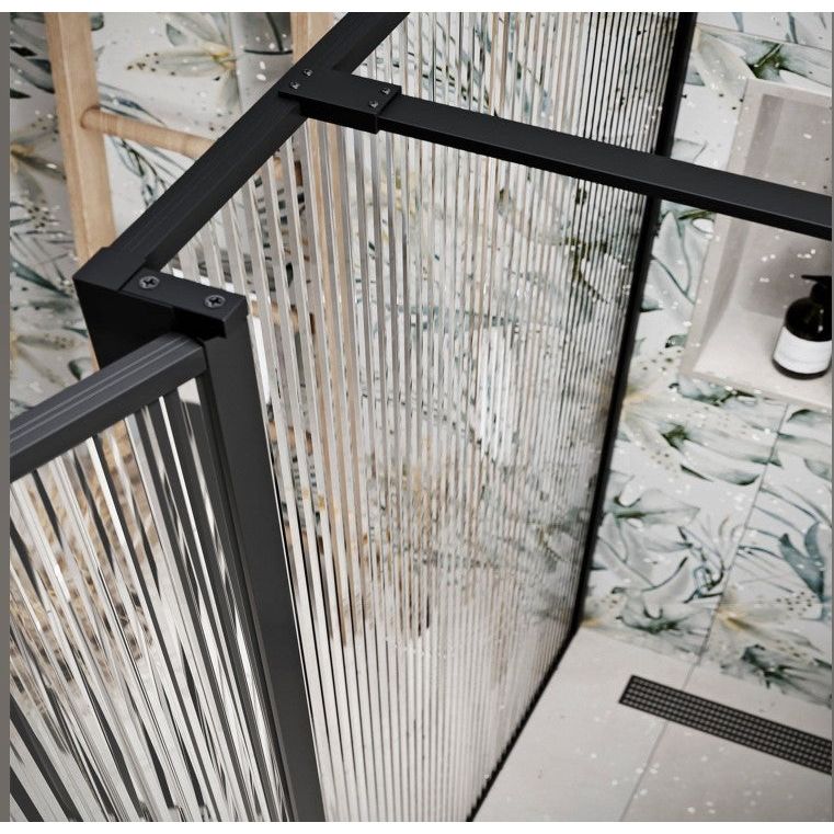 Hopper Black Fluted Glass Frame Shower Screen 980mm & 300mm Single Frame Return Panel N23