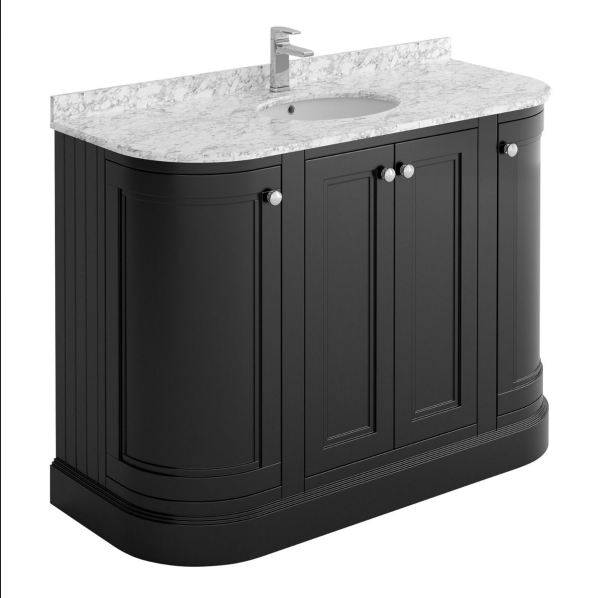 Louise 1200mm Curved Floor Standing Vanity Unit in Matt Black with Worktop and Ceramic Basin