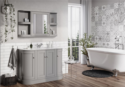 Louise 1200mm Curved Floor Standing Vanity Unit in Matt Light Grey with Worktop and Ceramic Basin