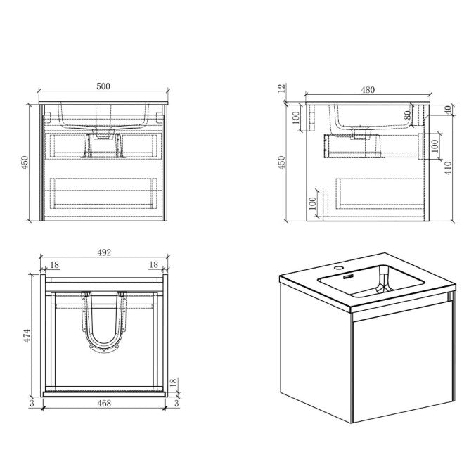 Oscar Wall Mounted Vanity Unit Concrete & Black Resin Basin 500mm